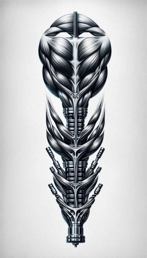 biomechanics tattoo design ideas Surrealism translucent layers machine elements meaning resilience