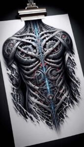biomechanics tattoo design ideas intricate shading precision lines perseverance and power