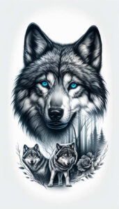 Dark cover-up-ready tattoo design: large wolf head with blue eyes, two smaller wolves, forest backdrop, and a rose in black and grey.