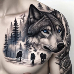 Wolf head in black and grey with blue eyes; forest trees in grayscale; snow; rose accents; tattoo project idea; cover-up suitable.