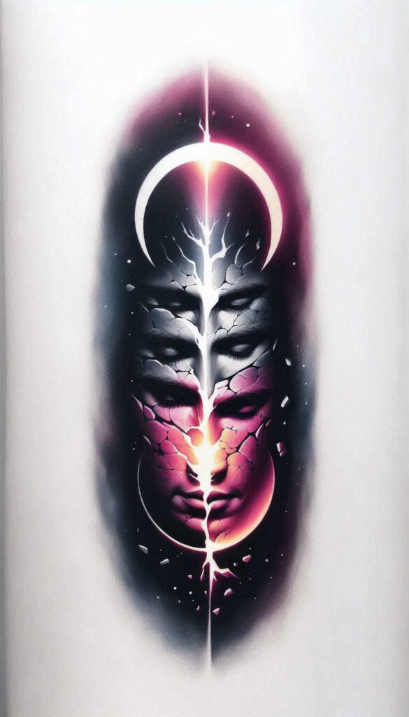 Face with fractured gray shards and pink shading, crescent circle above, vertical light line, on dark background; black and grey AI-generated tattoo project; cover-up suitable.