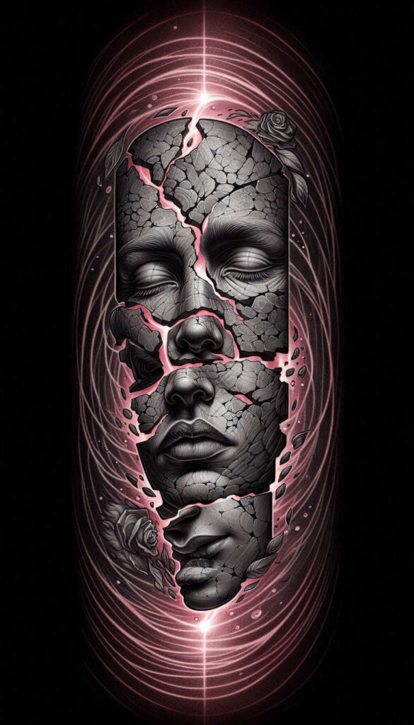 Face in black and grey cracked stone texture with pink neon cracks, rose detail at edge; AI-generated tattoo project; suitable for cover-up.