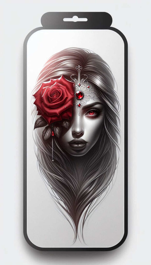 colored-face – tattoo design ideas free ai generated – neotraditional-sharp-contrast – for-behind-ear – Gallery: faces-inkby-ai