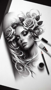 faces – tattoo design ideas free ai generated – neotraditional-crisp-lines – for-upper-back – Gallery: faces-inkby-ai
