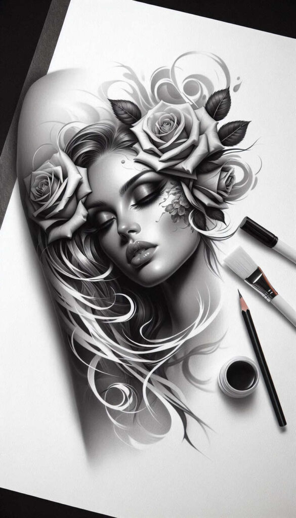 faces – tattoo design ideas free ai generated – neotraditional-crisp-lines – for-upper-back – Gallery: faces-inkby-ai