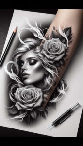 frontal-face – tattoo design ideas free ai generated – neotraditional-dynamic-color – for-inner-arm – Gallery: faces-inkby-ai