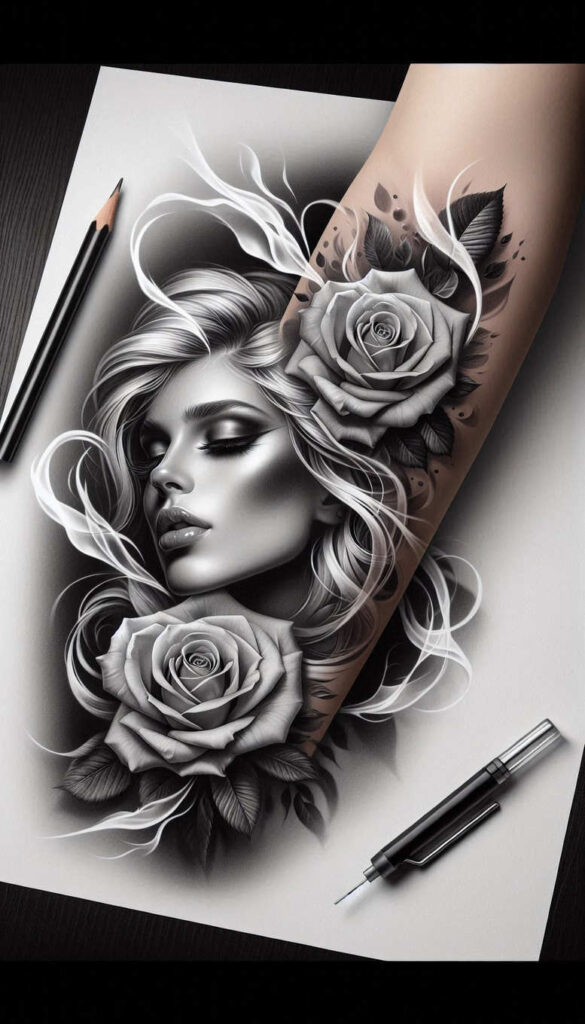 frontal-face – tattoo design ideas free ai generated – neotraditional-dynamic-color – for-inner-arm – Gallery: faces-inkby-ai
