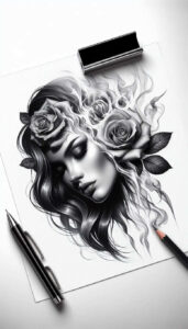 illuminated-face – tattoo design ideas free ai generated – neotraditional-dynamic-color – for-lower-thigh – Gallery: faces-inkby-ai