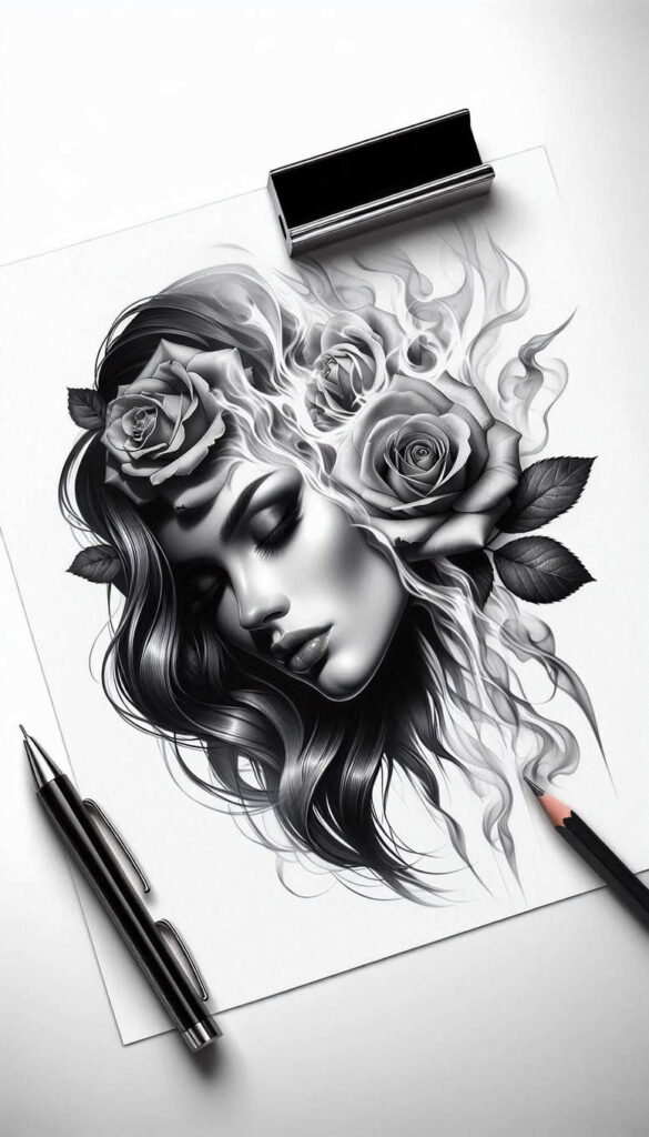 illuminated-face – tattoo design ideas free ai generated – neotraditional-dynamic-color – for-lower-thigh – Gallery: faces-inkby-ai