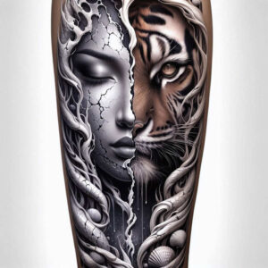 mimicking-face – tattoo design ideas free ai generated – neotraditional-bold-color-blocks – for-upper-back – Gallery: faces-inkby-ai