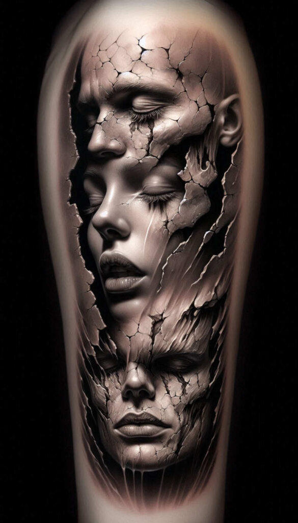 monochrome-face – tattoo design ideas free ai generated – neotraditional-contoured-forms – for-chest – Gallery: faces-inkby-ai