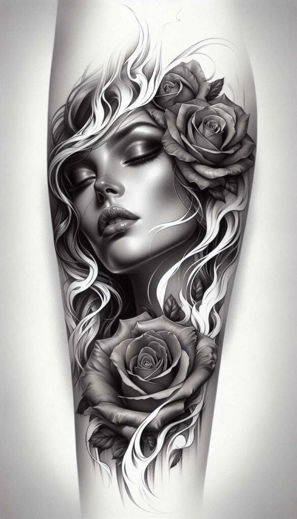realistic-face – tattoo design ideas free ai generated – neotraditional-expressive-color – for-lower-thigh – Gallery: faces-inkby-ai