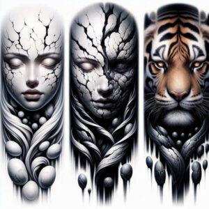 realistic-visage – tattoo design ideas free ai generated – surrealism-blurred-edges – for-knee – Gallery: faces-inkby-ai