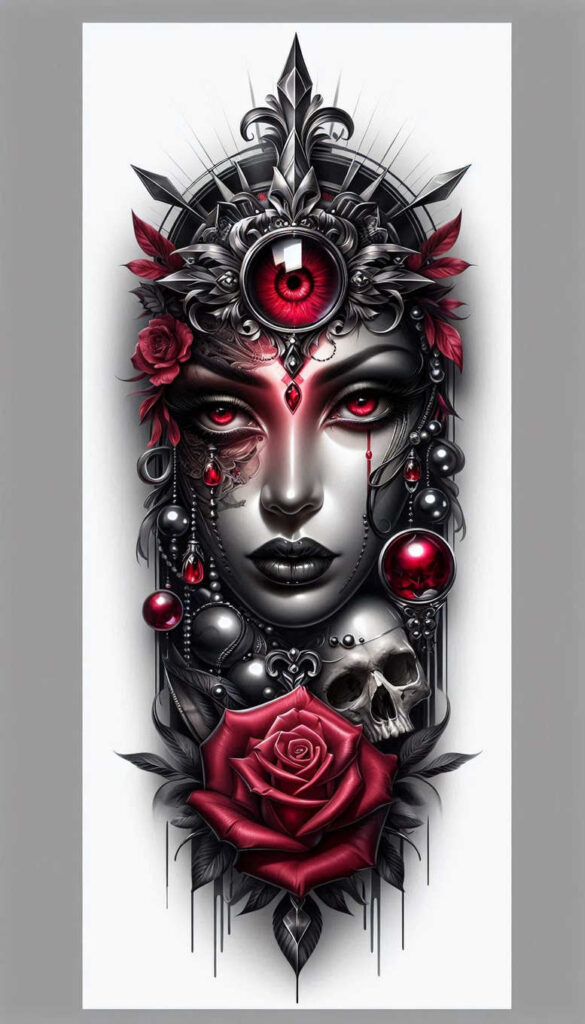 symbolic-face – tattoo design ideas free ai generated – neotraditional-decorative-elements – for-shoulder-blade – Gallery: faces-inkby-ai
