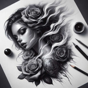 symbolic-face – tattoo design ideas free ai generated – neotraditional-rich-blacks – for-thigh – Gallery: faces-inkby-ai