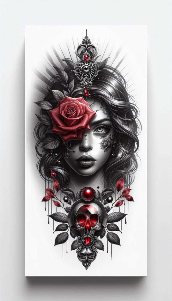 Black and grey portrait of a woman with a red rose over the left eye, ornate crown-like headpiece with a red gem, and a skull motif at the bottom; tattoo design idea; cover-up ready; pattern.