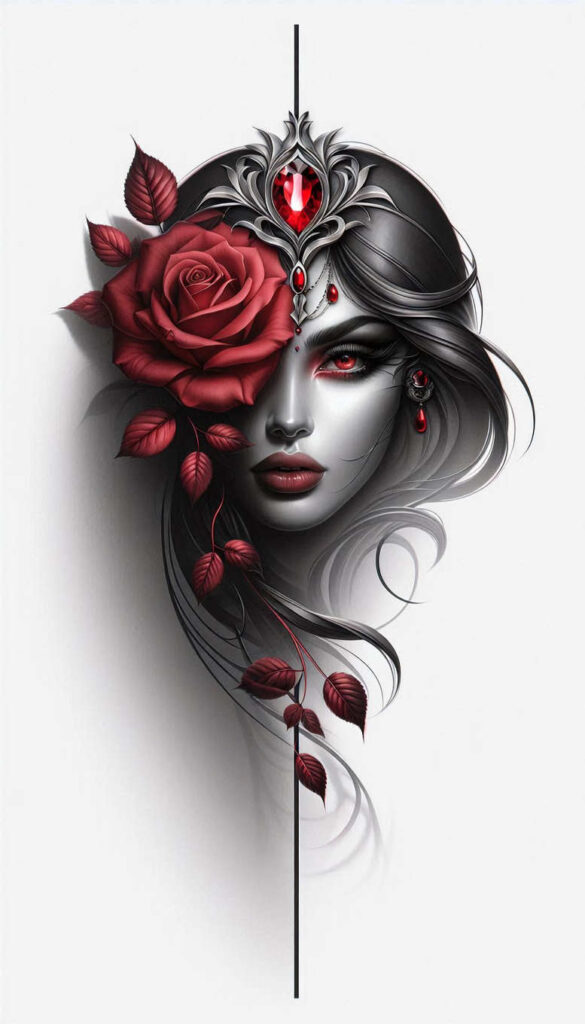 Portrait of a woman with a red rose over the left eye, grayscale shading, red gems, silver crown, flowing hair, and burgundy leaves; black and grey palette; project idea; not ideal for cover-up.