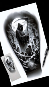 death – tattoo design ideas free ai generated – haunting – for-upper-back – Gallery: grim-reaper-inkby-ai
