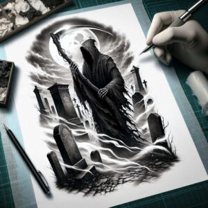 figure-of-death – tattoo design ideas free ai generated – distorted – for-back-shoulder – Gallery: grim-reaper-inkby-ai