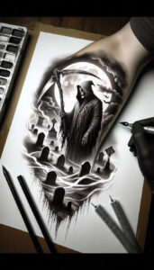 mysterious-death – tattoo design ideas free ai generated – supernatural – for-abdomen – Gallery: grim-reaper-inkby-ai