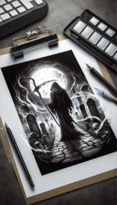 mystical-figure – tattoo design ideas free ai generated – faded-memory – for-shin – Gallery: grim-reaper-inkby-ai