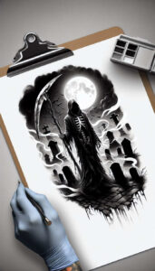 skull-with-scythe – tattoo design ideas free ai generated – bleeding – for-sternum – Gallery: grim-reaper-inkby-ai