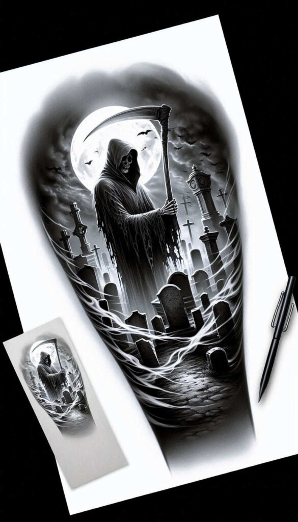 grim-reaper tattoo design ideas gradient fills flowing robes for scapula