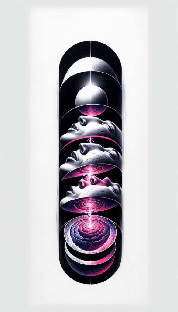 Faces, circles, and arcs in layered black-and-grey panels with pink highlights; tattoo project idea; cover-up-ready.