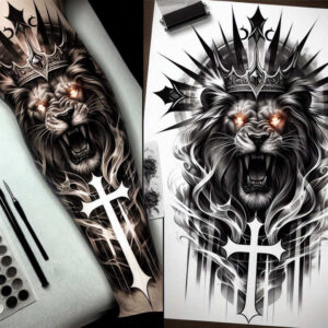lion-symbol-of-power – tattoo design ideas free ai generated – neotraditional-soft-blending – for-upper-chest – Gallery: lions-inkby-ai