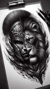 lion-with-detail – tattoo design ideas free ai generated – surrealism-vivid-hallucination – for-abdomen – Gallery: lions-inkby-ai