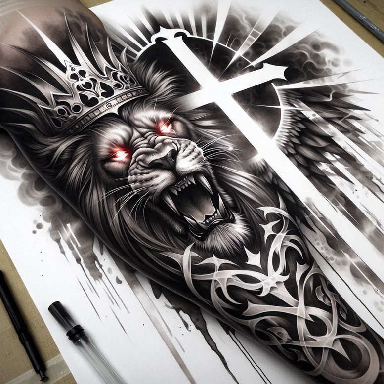 lion-with-power – tattoo design ideas free ai generated – surrealism-unconscious-imagery – for-full-back – Gallery: lions-inkby-ai
