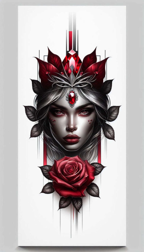 Portrait of a woman's face with a red rose crown, dark leaves, and a jeweled forehead, in black and grey shading; AI-generated tattoo project; suitable for cover-up.