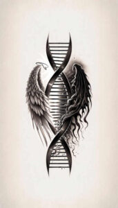 DNA double helix at center; left angel wing in white and gray; right dark shadow wing in black and gray; black and gray shading; AI-generated tattoo project; suitable for a cover-up.
