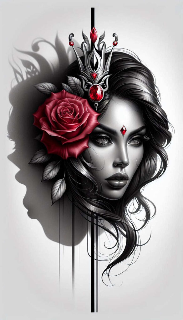 Black and grey portrait of a woman's face with an ornate crown, red rose on the left, leaves, and gems; pattern elements; AI-generated tattoo project; not primarily a cover-up.