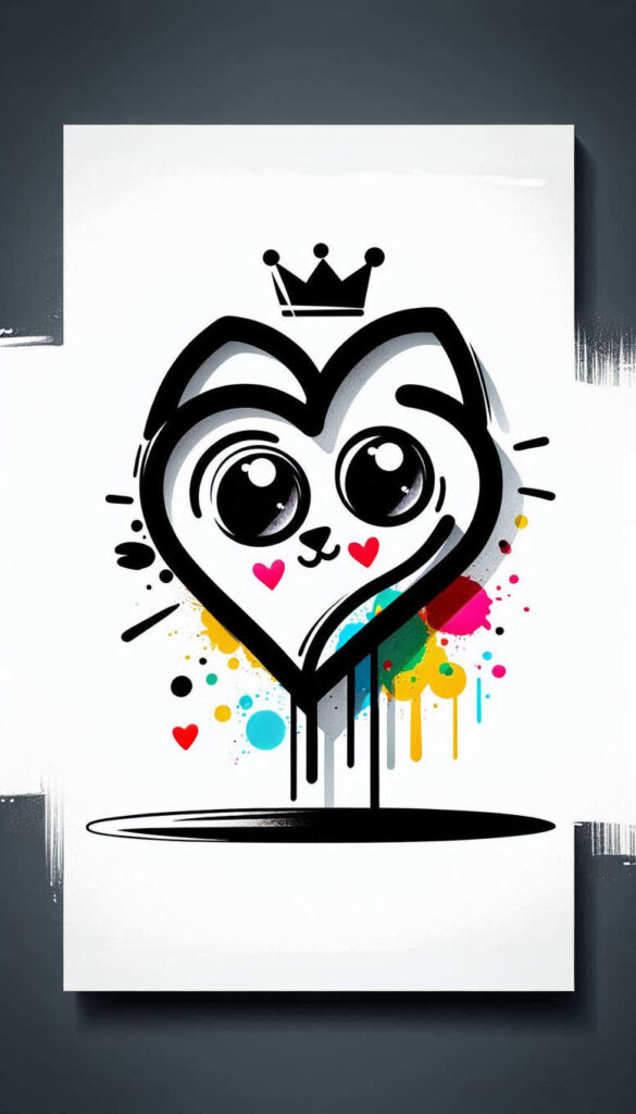 Heart-shaped character with crown and large eyes, black outline, pink cheeks, rainbow paint splashes, and dripping color on white canvas; full-color tattoo project; suitable for cover-up.