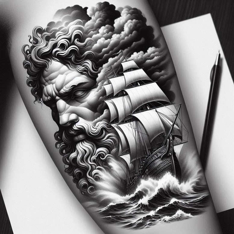 ocean-depth-god-tattoo – tattoo design ideas free ai generated – creepy – for-shoulder – Gallery: poseidon-inkby-ai
