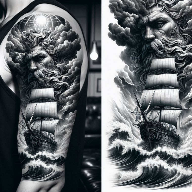 poseidon tattoo design ideas Realism natural tones aquatic command for scapula