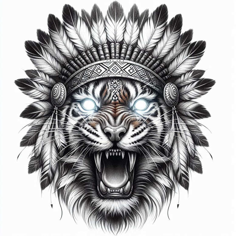 Tiger head in black and grey with feathered headdress; visible elements: tiger, feather, headband; AI-generated tattoo project; not a cover-up.