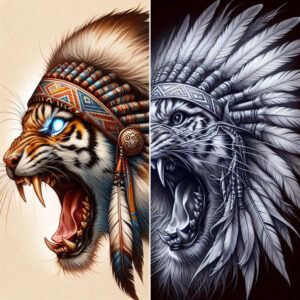 Tiger head with war bonnet and long feathers, left in color and right in black-and-grey; cover-up-ready tattoo project.