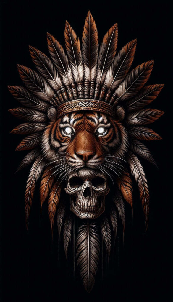 Tiger head with a brown-gray feathered headdress and skull beneath on black background; colored tattoo project idea, suitable for cover-up.