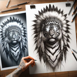 tiger-with-energy – tattoo design ideas free ai generated – neotraditional-rich-shading – for-lower-leg – Gallery: tigers-inkby-ai