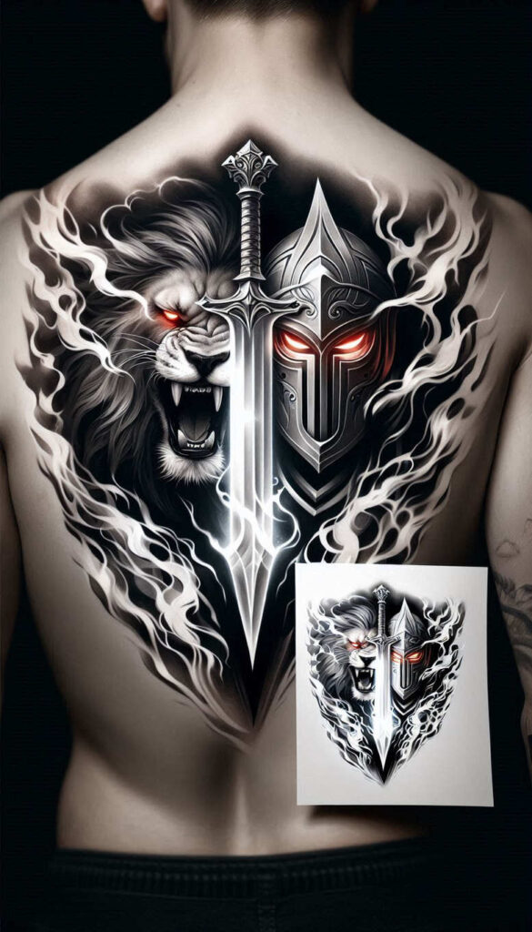 warriors-greece tattoo design ideas Surrealism ghostly shapes bronze helmet for upper thigh