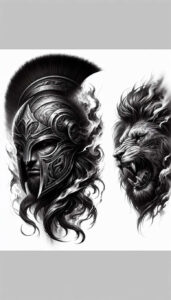 warriors-greece tattoo design ideas Realism blended gradients Greco tattoo for lower thigh