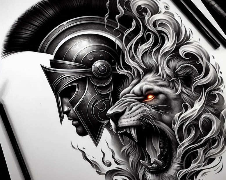 A black and grey tattoo concept: roaring lion beside a Spartan helmet with an orange eye glow; pencils and tools visible; AI-generated tattoo project; cover-up friendly.
