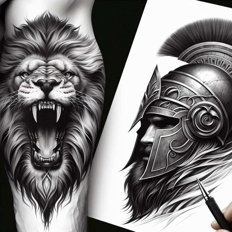 spartan-with-ornamental-details-surrealism-ghostly-shapes-for-back-of-neck – tattoo design ideas free ai generated – Gallery: warriors-inkby-ai