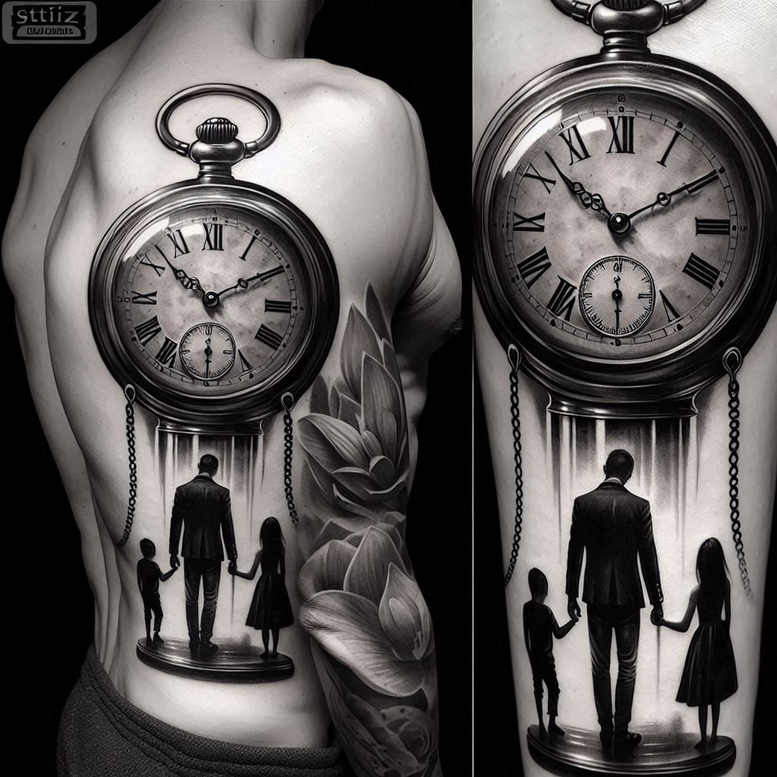 watches-hourglass tattoo design ideas Surrealism metamorphosis old timer for side torso