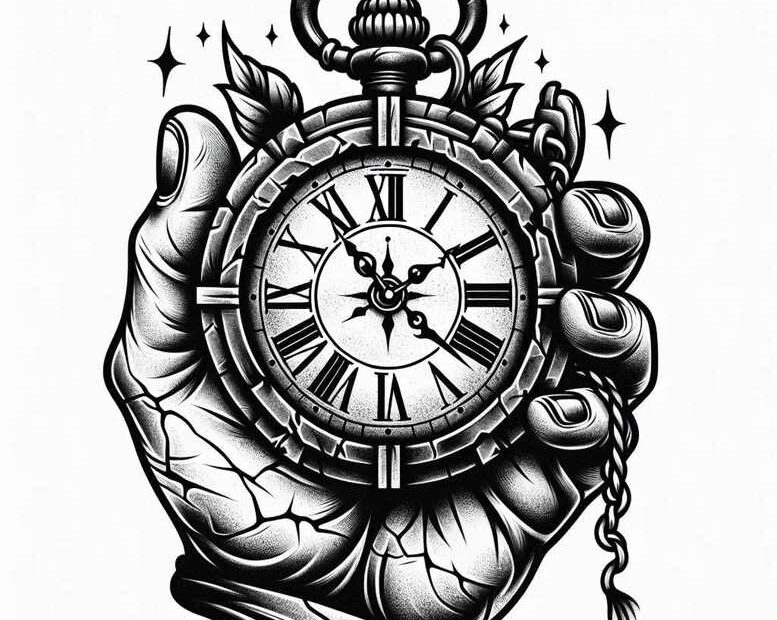 Hand holding a black and grey pocket watch with a chain; tattoo design idea suitable for a cover-up.