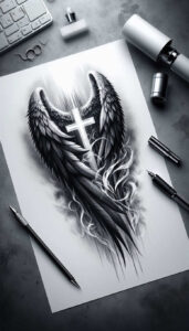 light-motif-wings-tattoo – tattoo design ideas free ai generated – neotraditional-accent-shading – for-shin – Gallery: wings-inkby-ai