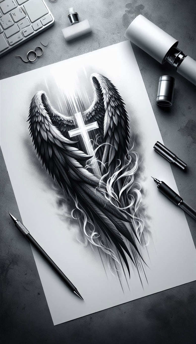 wings tattoo design ideas Realism natural contours floating spirit for stomach