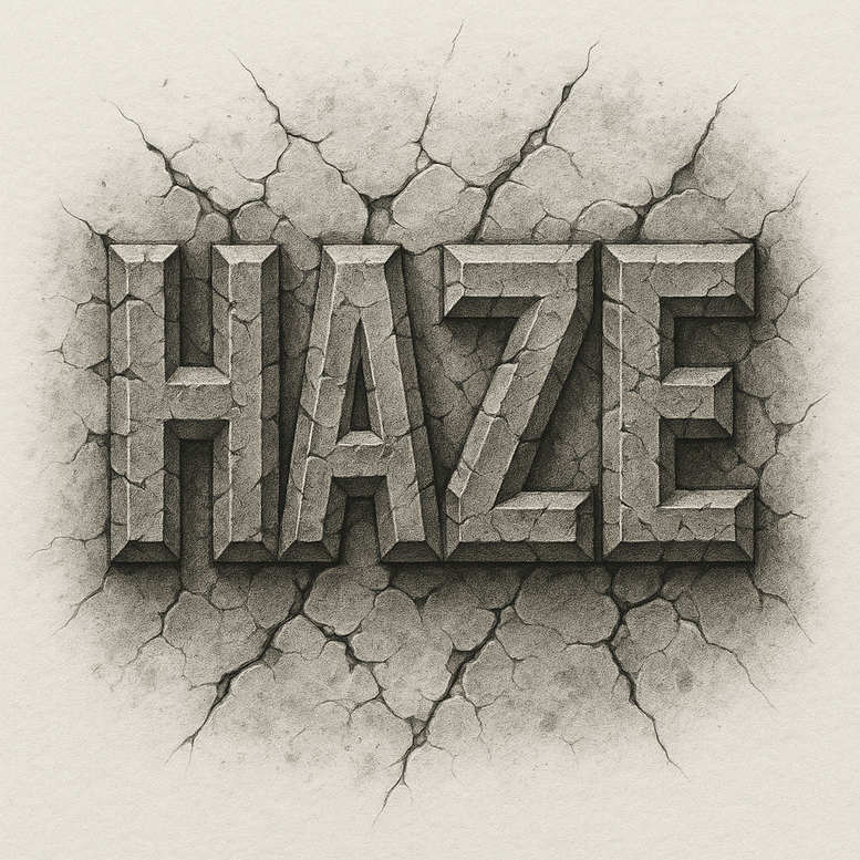 Black and grey 3D cracked-stone letters spelling HAZE on a cracked background with shadows; project idea; suitable for cover-up.